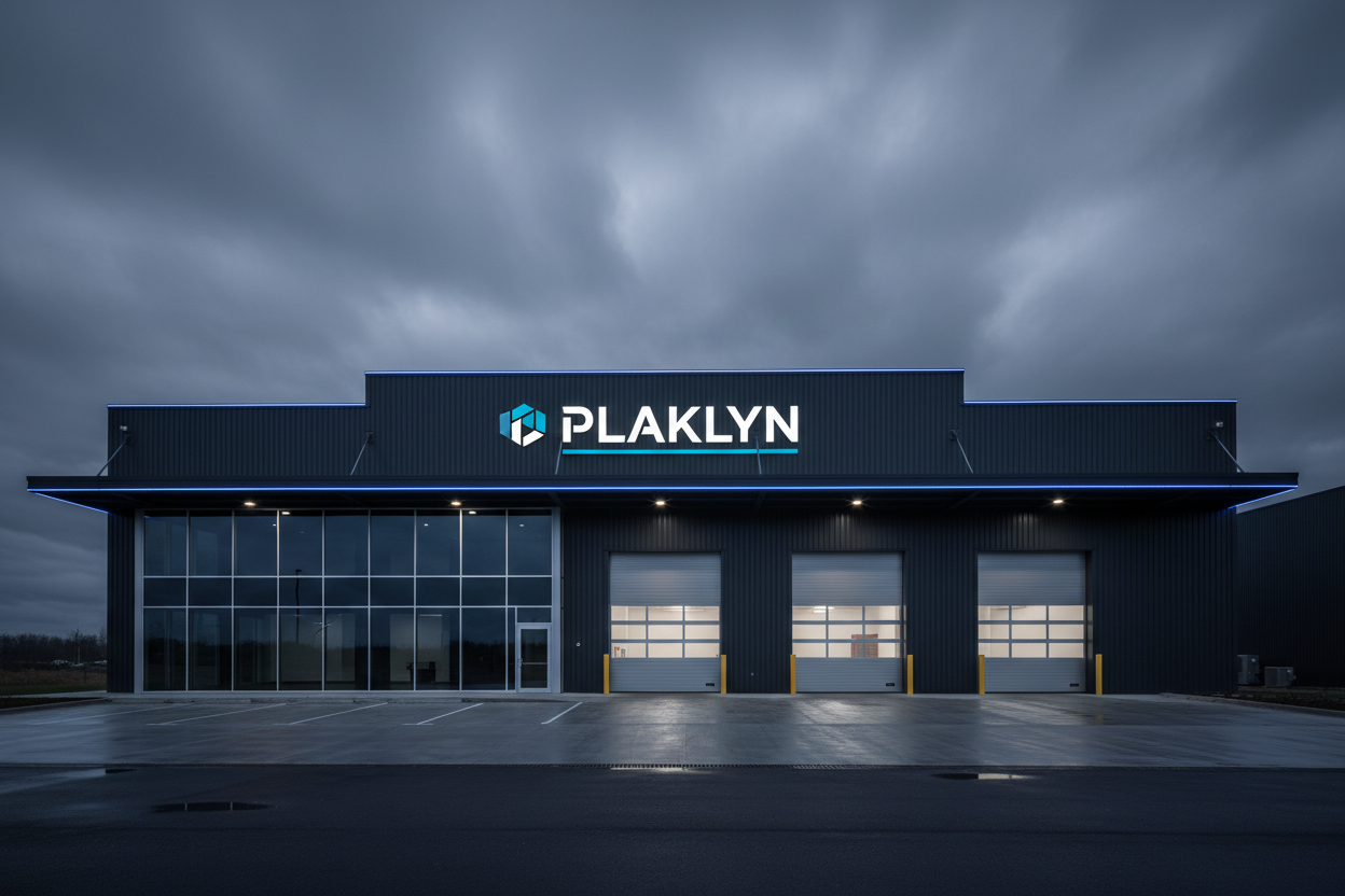 Plaklyn warehouse exterior with darker lighting